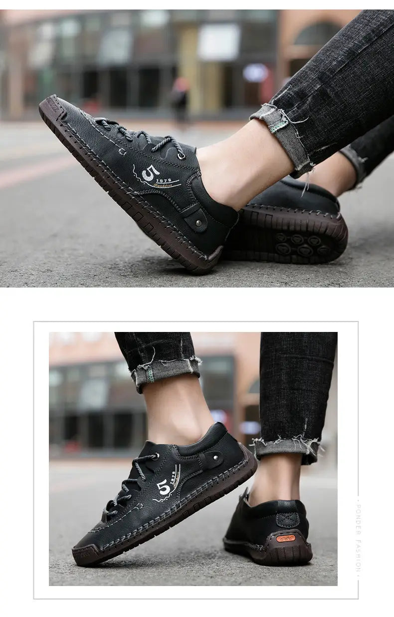 Schwarze Lederschuhe für Herren im britischen Casual-Stil mit Schnürung, mit sichtbarer Naht und einem dezenten weißen Logo an der Seite.