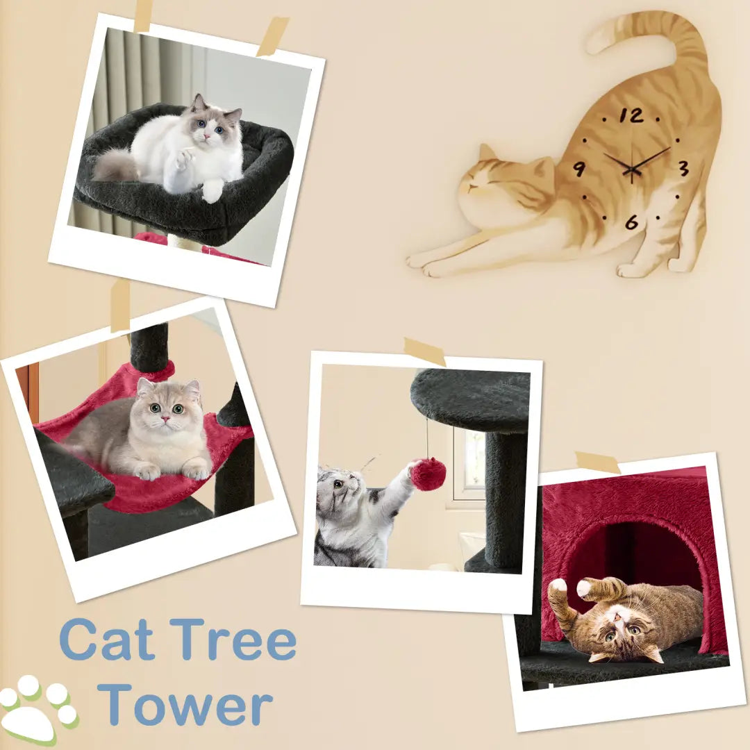 a beige cat-shaped wall clock with black numerals and hands displayed near a 44 inch multi-level cat tree tower with sisal posts