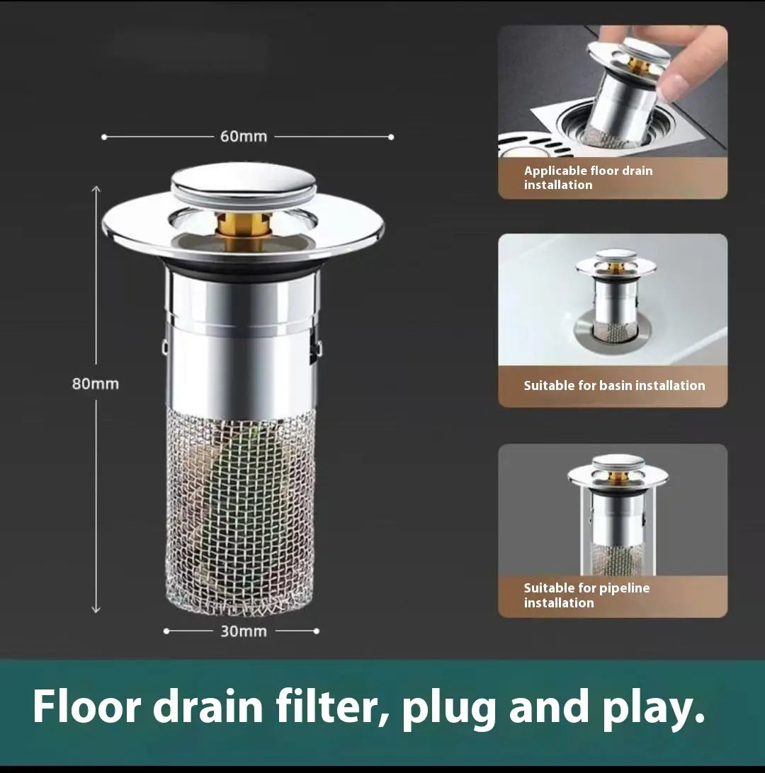 Shiny chrome-finished universal wash basin drain filter with sus304 mesh screen and gold-toned center cap.