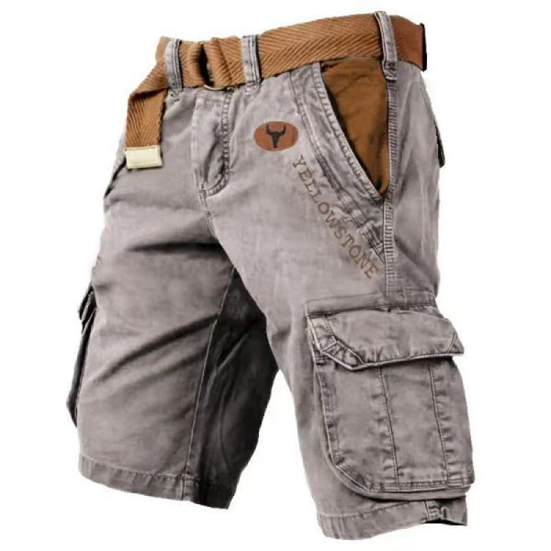 Bermudas cargo pour hommes gris à poches multiples, avec branding Yellowstone sur le côté et une ceinture brune.