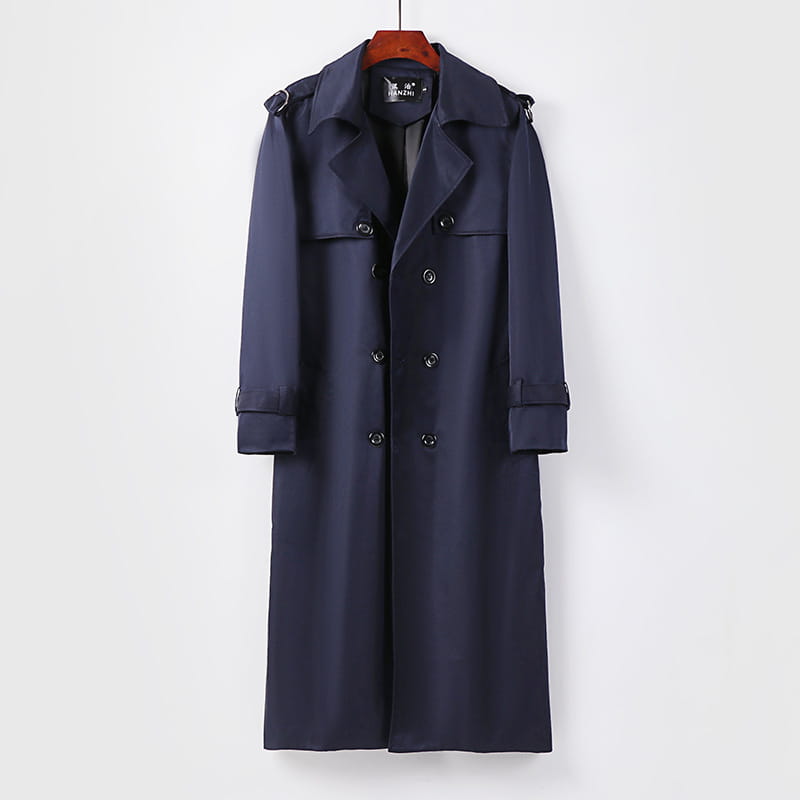 Plus size men trench coat navy blue double-breasted with black buttons and shoulder epaulets.