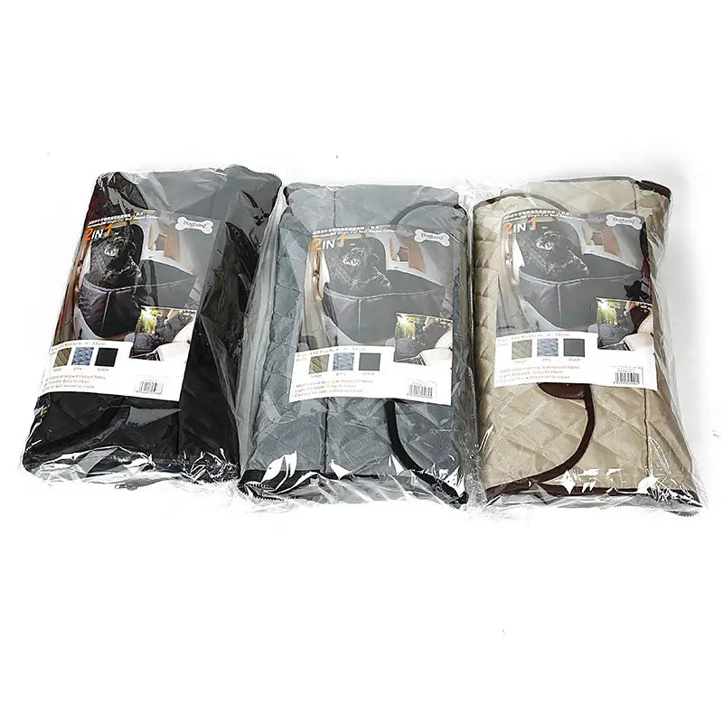 Three packaged dog car seat bed waterproof foldable carriers in black gray and beige with quilted fabric design are displayed.