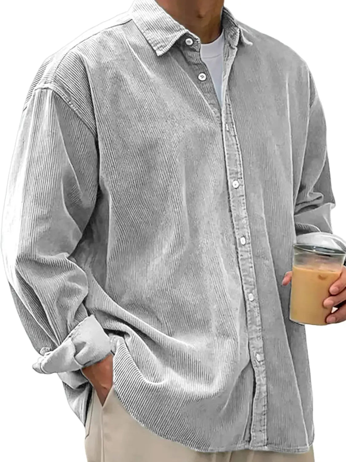 Men’s relaxed fit corduroy shirt jacket in gray with button-up front and rolled cuffs for a casual look