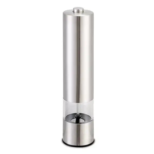 Stainless steel electric pepper grinder with a clear glass section revealing the grinding mechanism and built-in light for convenient use.