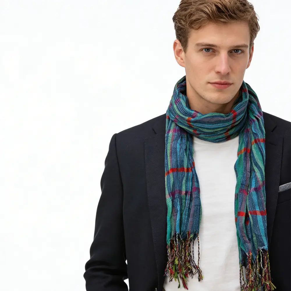 Une écharpe d’hiver vibrante en jacquard texturé à motif écossais turquoise et rouge, avec des extrémités à franges.