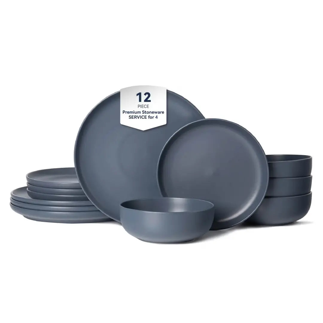Juego de vajilla de loza color gris oscuro con acabado mate de 12 piezas para cuatro personas con platos, cuencos y tazas