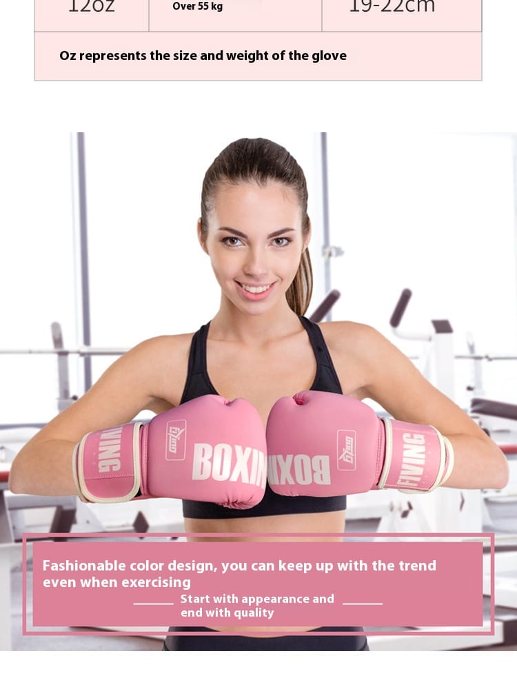 Damen-Rosa-Boxhandschuhe mit weißer Einfassung und Boxbranding, ausgelegt für Training und Sanda-Kampfausrüstung.