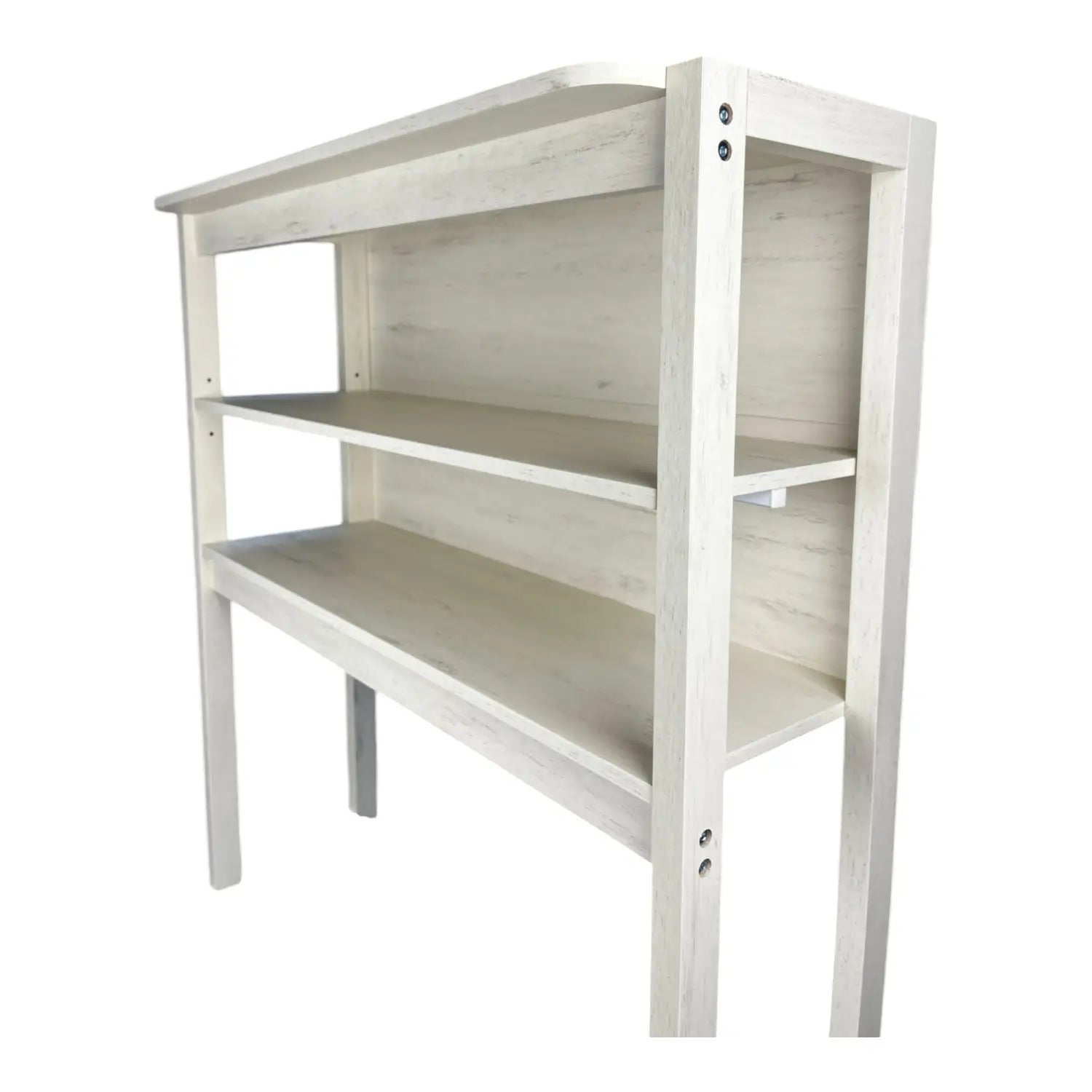 A minimalist white wooden bookshelf with three open shelves and a slightly curved top edge featured as part of a 5-tier kitchen bakers rack microwave stand in white and black.