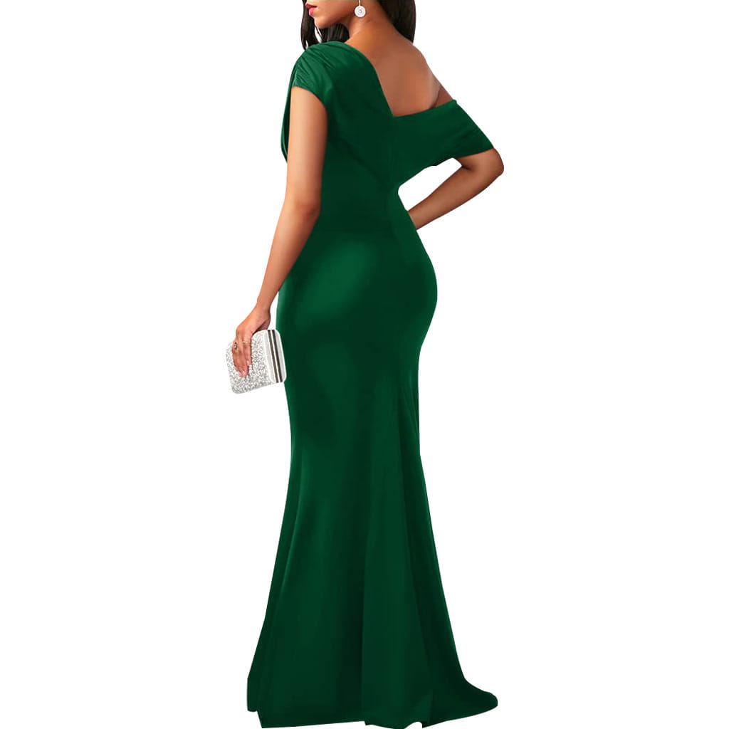A sleek emerald green off the shoulder mermaid evening gown with a fitted silhouette and draped bodice.