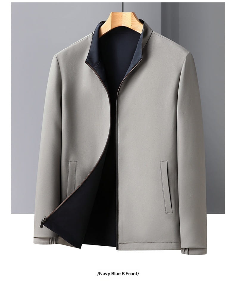 Men casual business stand collar jacket in gray with navy blue inner lining, front zipper, and two side pockets.