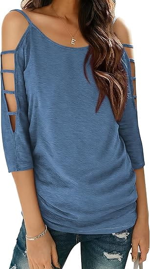 Blue off-shoulder cut-out top in soft fabric with cold-shoulder three-quarter sleeves designed for stylish casual wear.