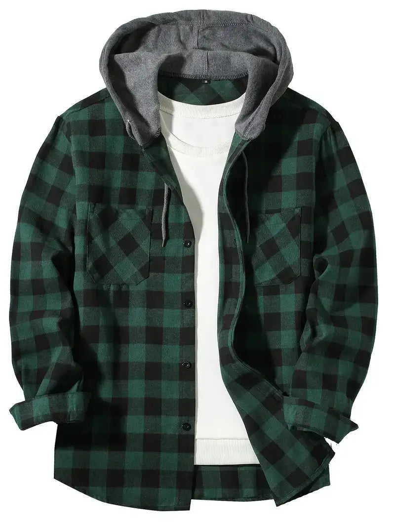 Men’s plaid hooded flannel shirt in green and black with a gray fleece-lined hood made from soft flannel fabric.