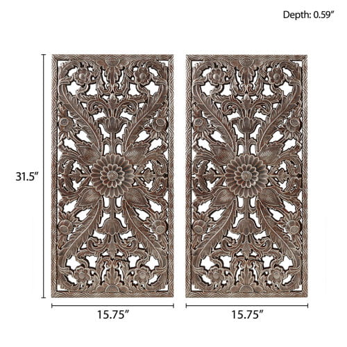 Pair of intricately carved wooden wall panels with a bronze finish featuring symmetrical floral and leaf motifs from the carved wood wall decor set distressed botanical panels.