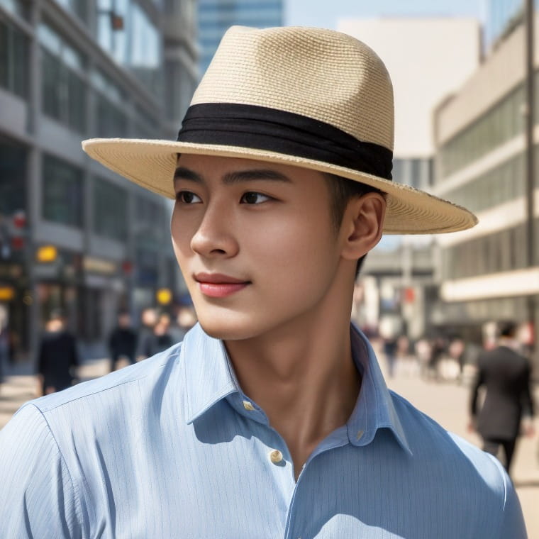 Beige straw fedora hat with a black band featuring UV proof protection for men.