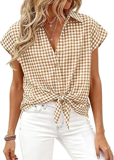 Beige and white checkered short-sleeved plaid button up blouse with front knot and button closure.
