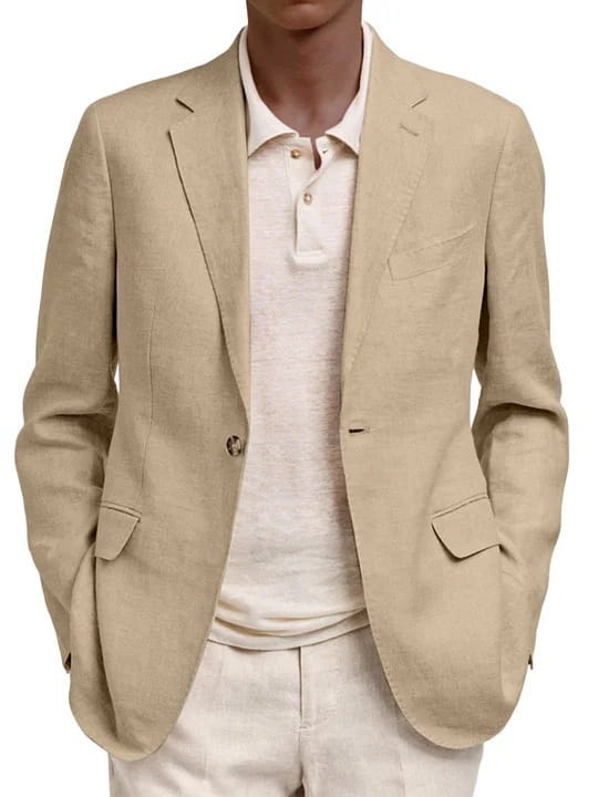 Beige Leinen-Slim-Fit-Casual-Blazerjackett für Herren mit einreihigem Design und zwei Taschenklappen.