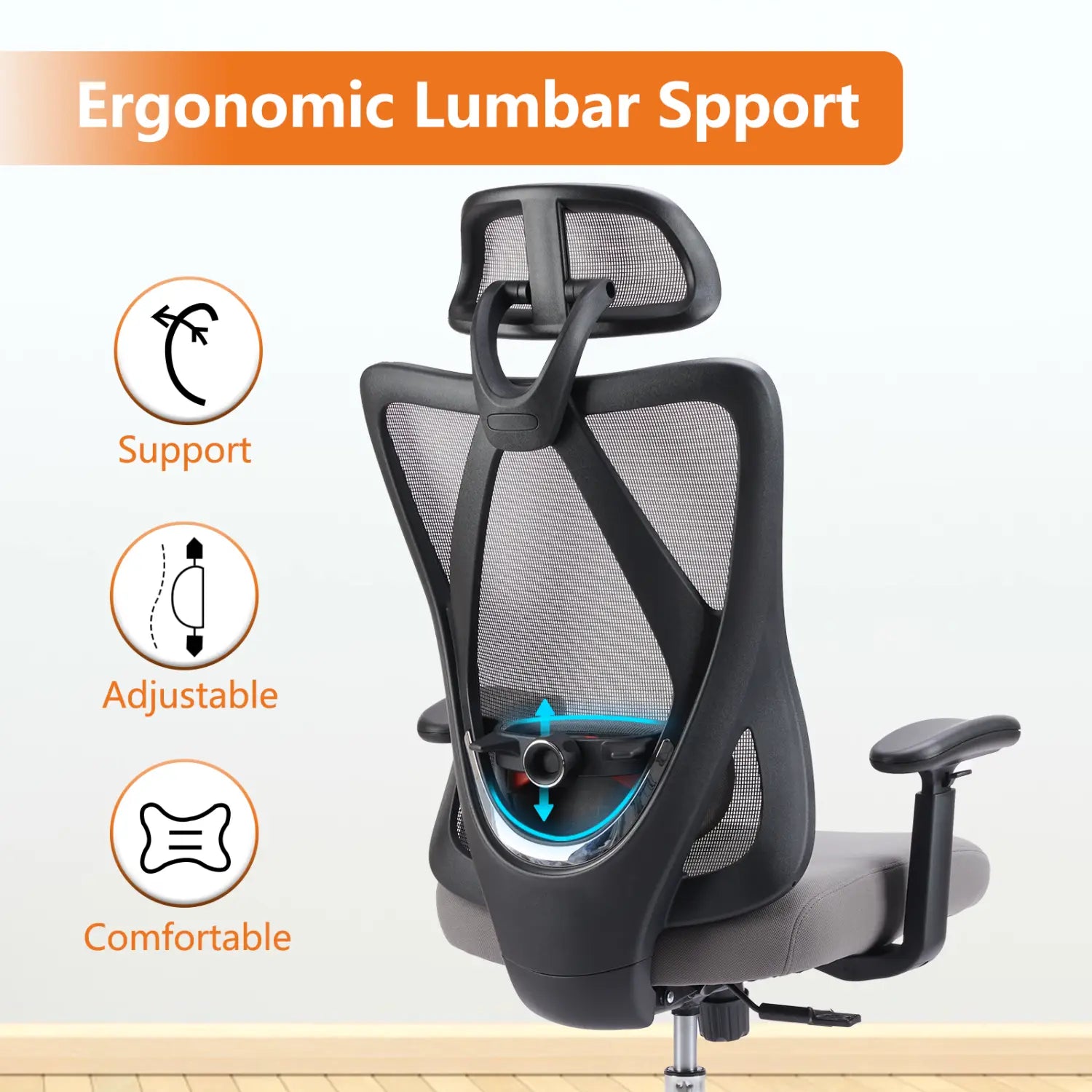 Black ergonomic mesh office chair with adjustable lumbar support and headrest shown from the back side.