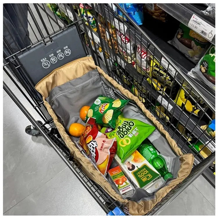beige and gray multifunctional waterproof nylon fashion tote and backpack shown with a shopping cart organizer filled with snacks and drinks
