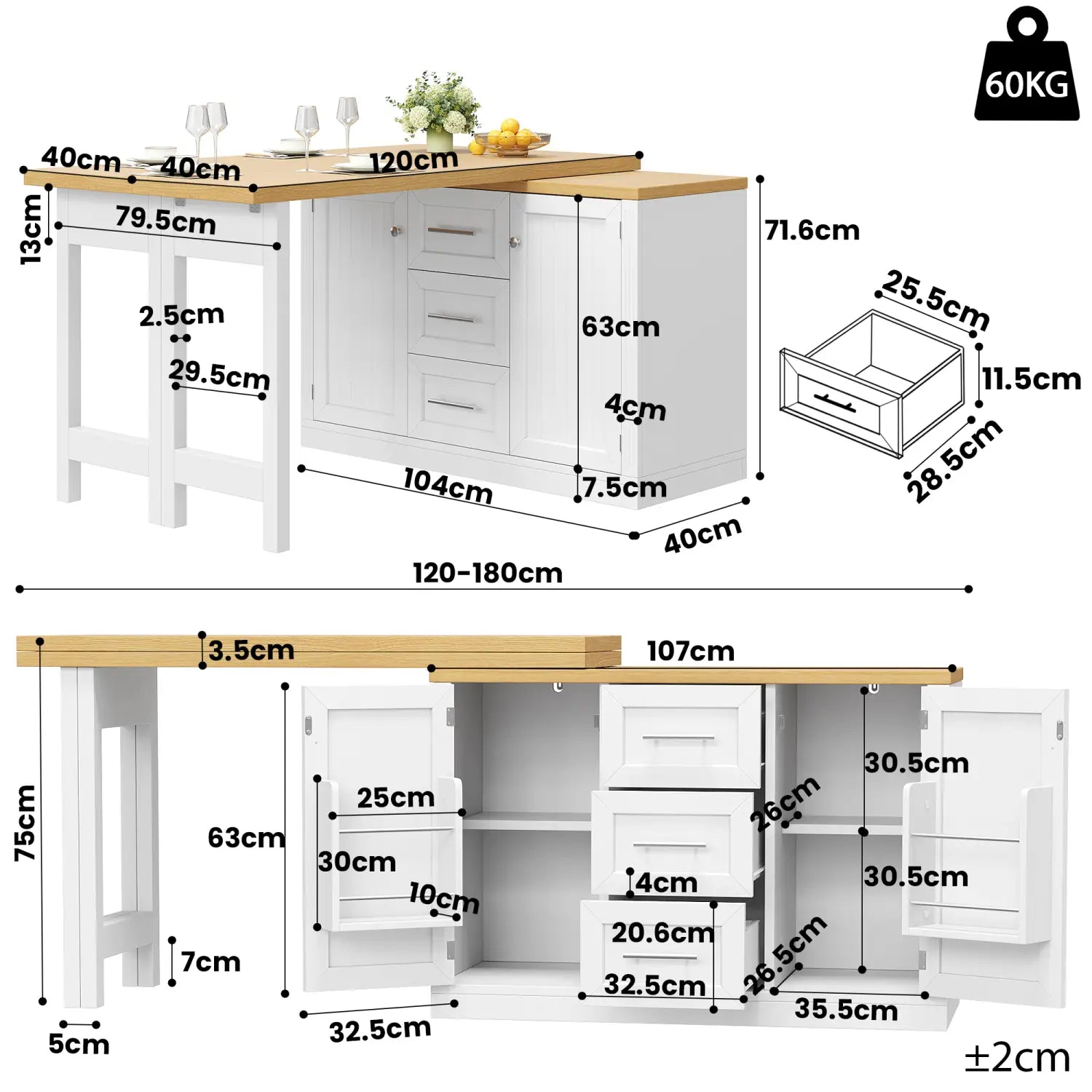 White kitchen island with light wood countertop and multiple drawers and cabinets featured as an extendable kitchen island dining table with storage.