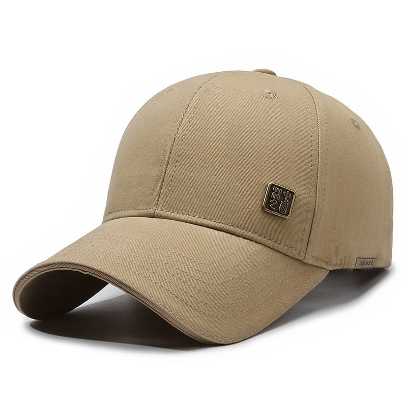 Beige men outdoor baseball cap with sun protection featuring a small rectangular metal patch on the front and a sport label on the side.