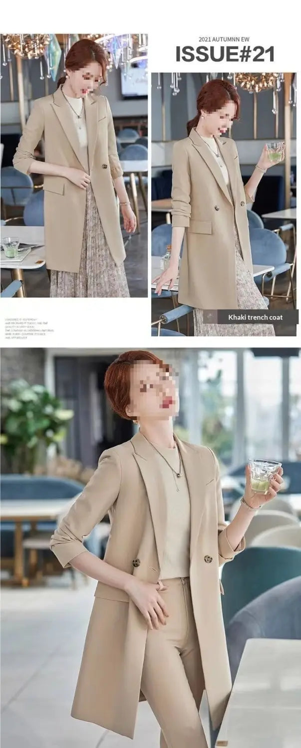 Beige khaki trench coat with double-breasted front paired with matching pants in a casual blazer style.