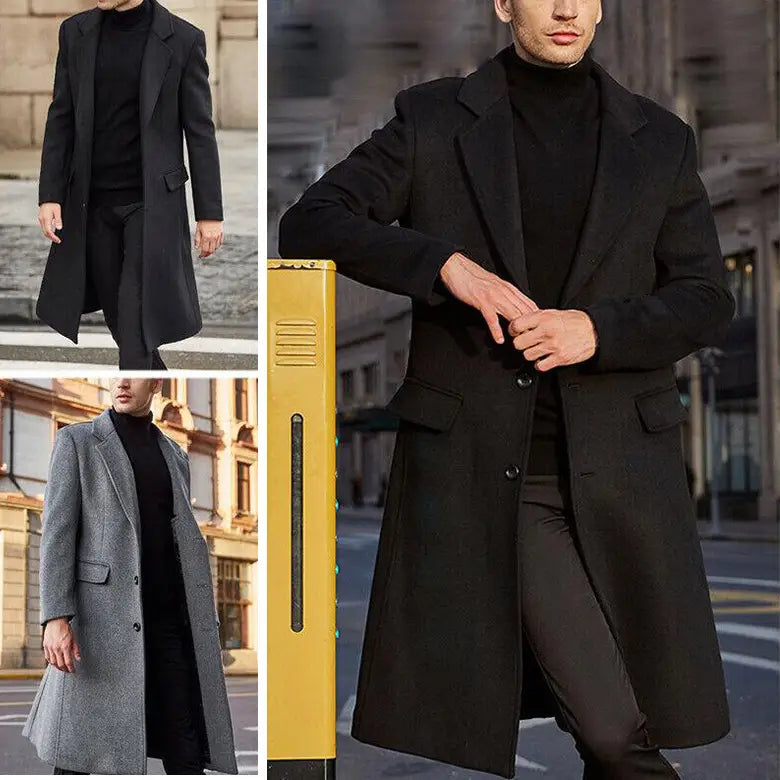 Black wool trench coat for men featuring classic double breasted overcoat design with notched lapels and button closure.