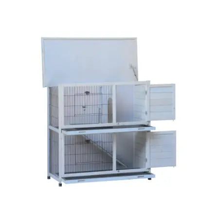 Cage pour petits animaux en métal blanc à deux niveaux, avec côtés en treillis métallique et portes coulissantes