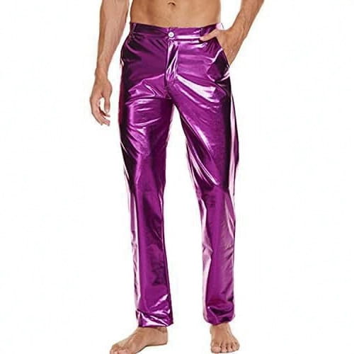 shiny purple metallic high waist straight leg disco pants with a sleek reflective finish and classic cut