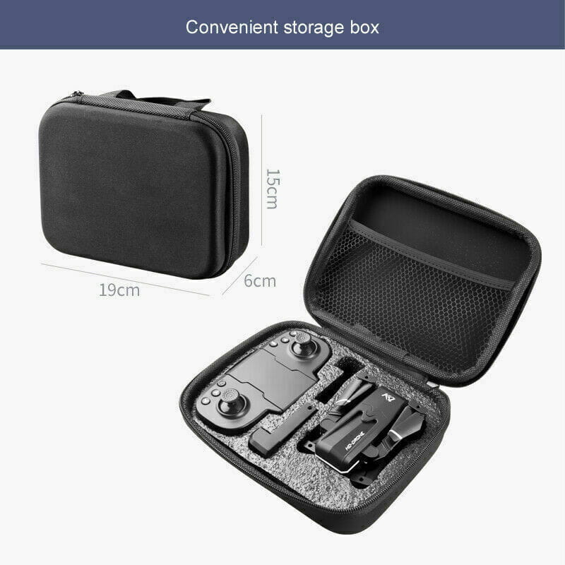 Boîte de rangement noire à parois souples, fermeture à glissière et compartiments en mousse pour le drone à air quad, deux caméras HD 4K kk1, modèle pliable radiocommandé, ainsi que la télécommande.