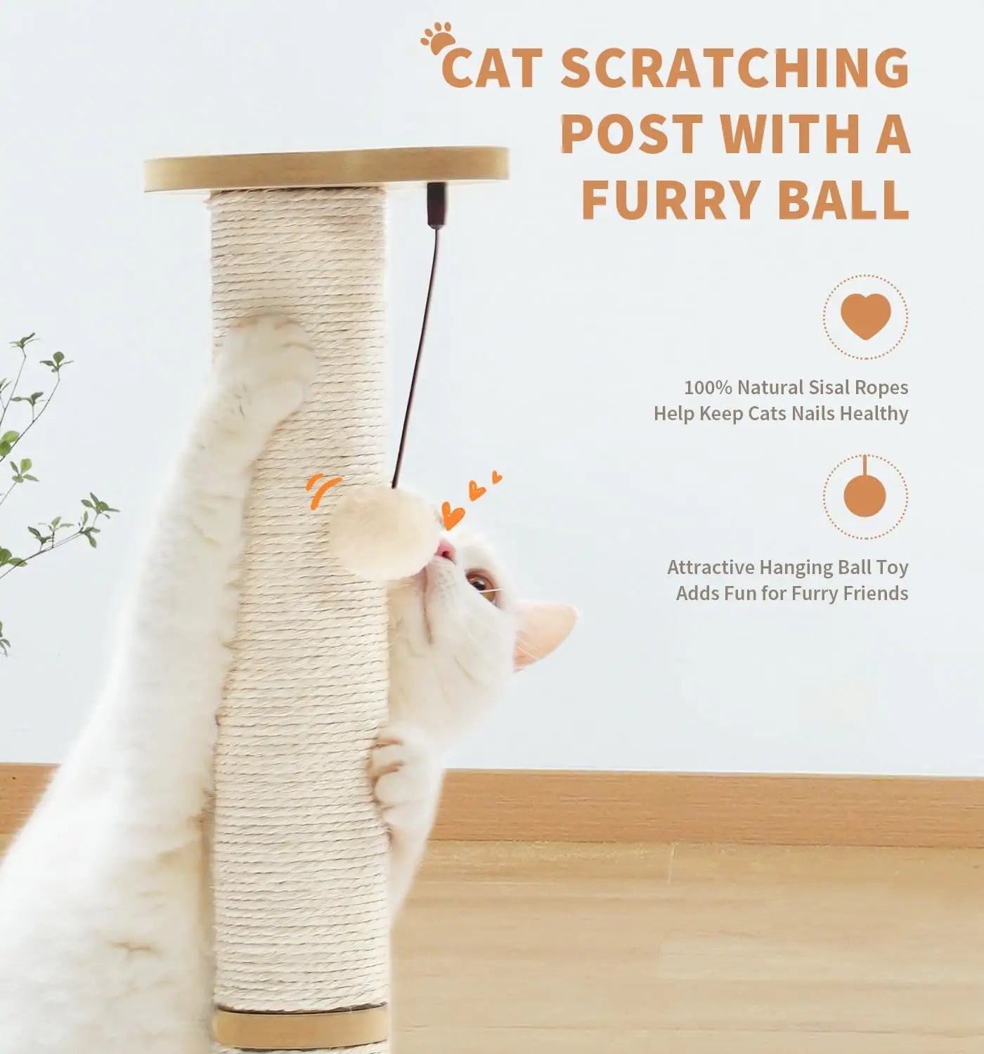 Cute modern wooden cat scratching post with beige sisal rope wrapping and a dangling white ball toy.