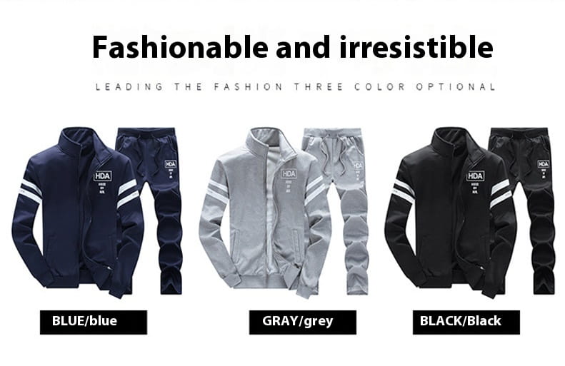 Mens track suit athletic zip sweatshirt jackets in navy blue gray and black featuring hda branding and zip-up design for sports and casual wear.