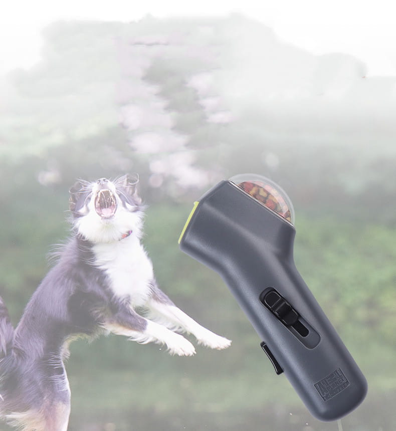 Lanceur de friandises pour chien portatif en gris, télécommande, boîtier à dôme transparent contenant des graines colorées et mécanisme de déclenchement noir, pour une utilisation en tant que jouet pour animal de compagnie.