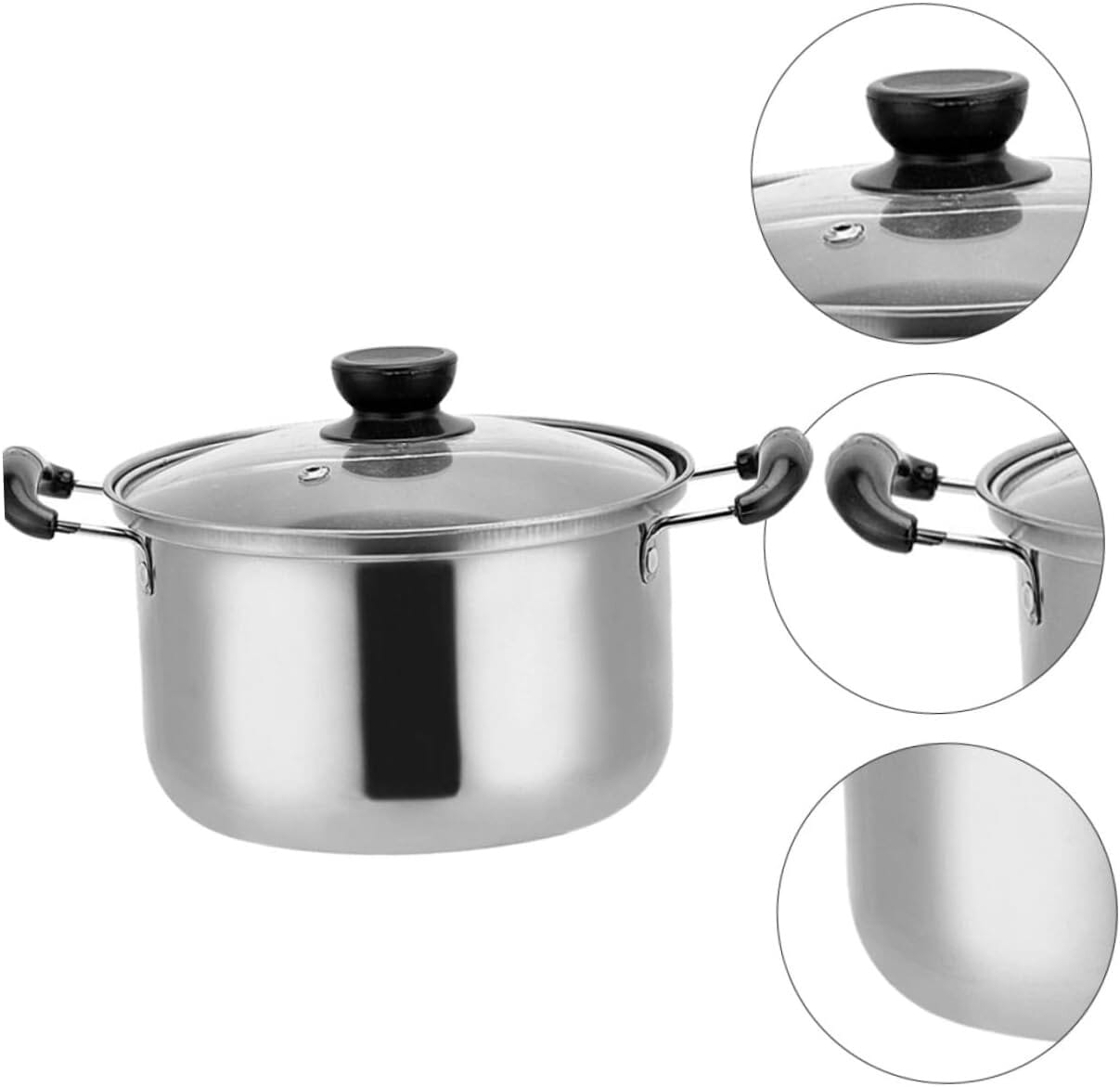 Stainless steel induction cookware set five pieces featuring a stainless steel pot with black plastic handles and a clear glass lid with a black knob.