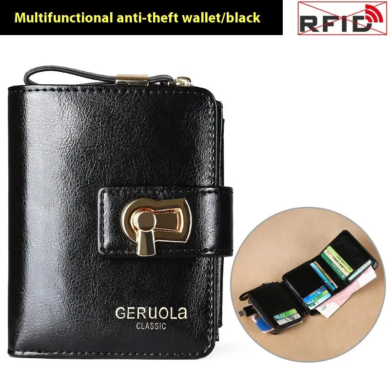 Black leather women’s rfid large capacity buckle wallet with gold-tone keyhole-style clasp and geruola classic branding.