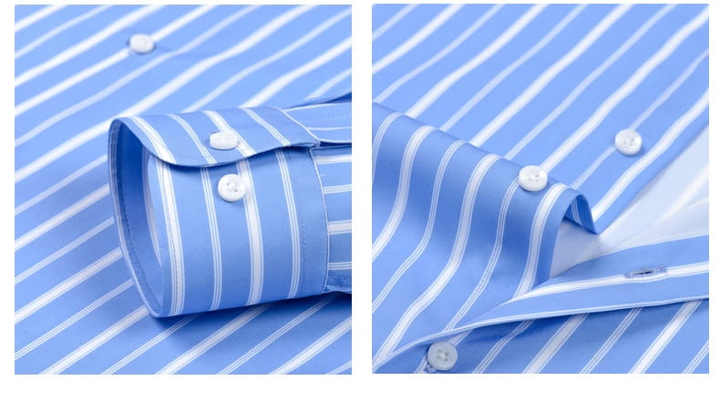 Camisa de vestir abotonada de manga larga a rayas azul y blanca con cuello clásico abotonado, adecuada para vestimenta formal y casual.