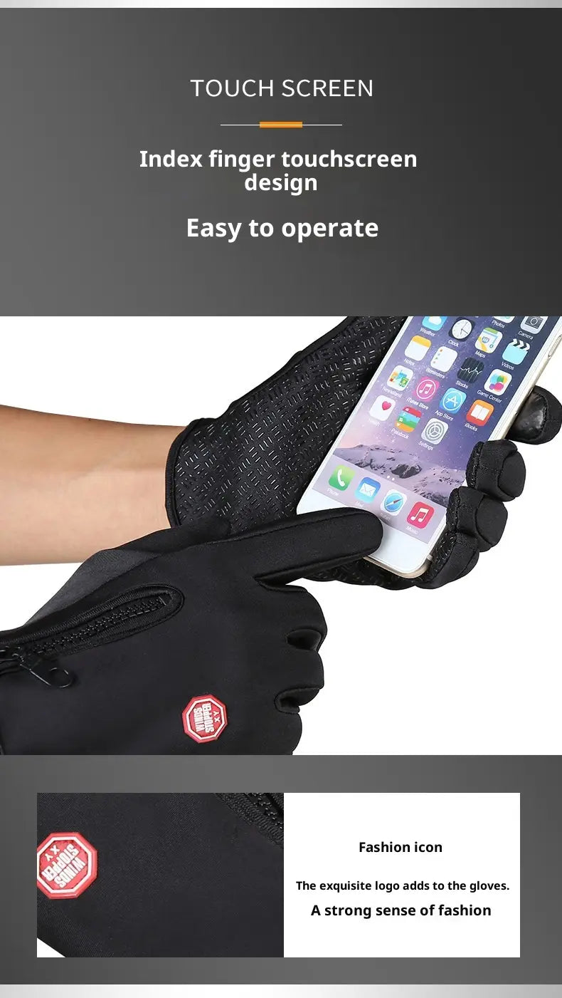 Black windproof touchscreen cycling gloves with a mesh texture and finger-specific design for easy phone operation shown from the back side.
