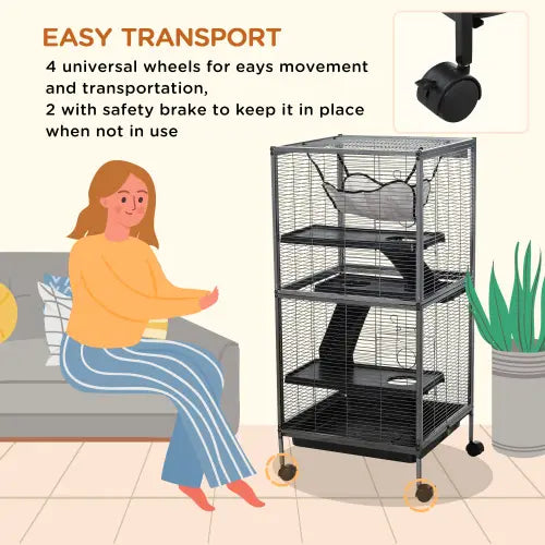 cage pour furet et petits animaux à 5 niveaux superposés roulants en métal noir, avec roues et freins de sécurité pour une mobilité fiable.