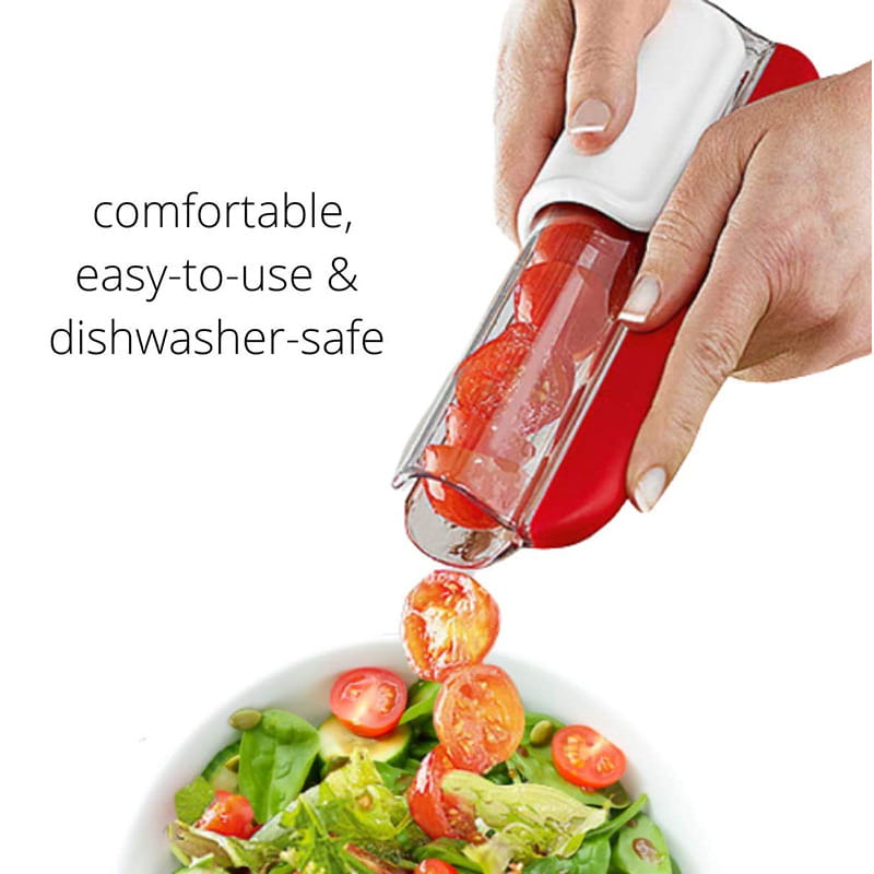 Trancheuse à fruits pour raisin et tomate, en rouge et blanc, version portative, avec un corps en plastique transparent pour une découpe facile des fruits dans la cuisine.