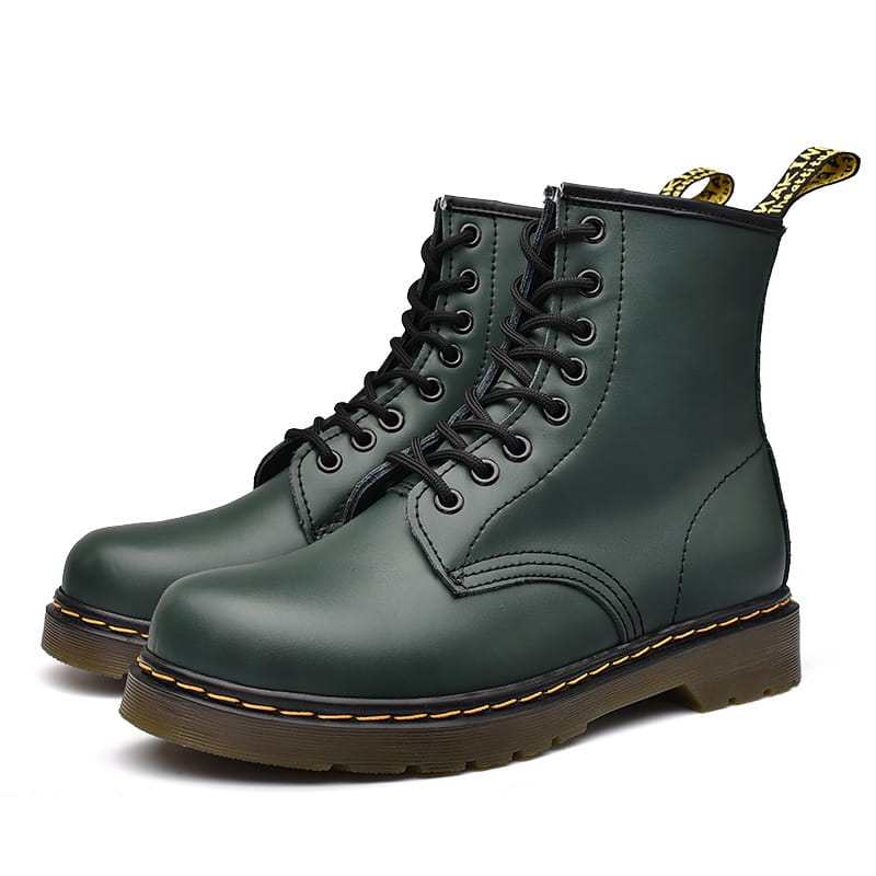 dark green leather boot with yellow stitching viewed from the back side in the burgundy leather martin boots collection