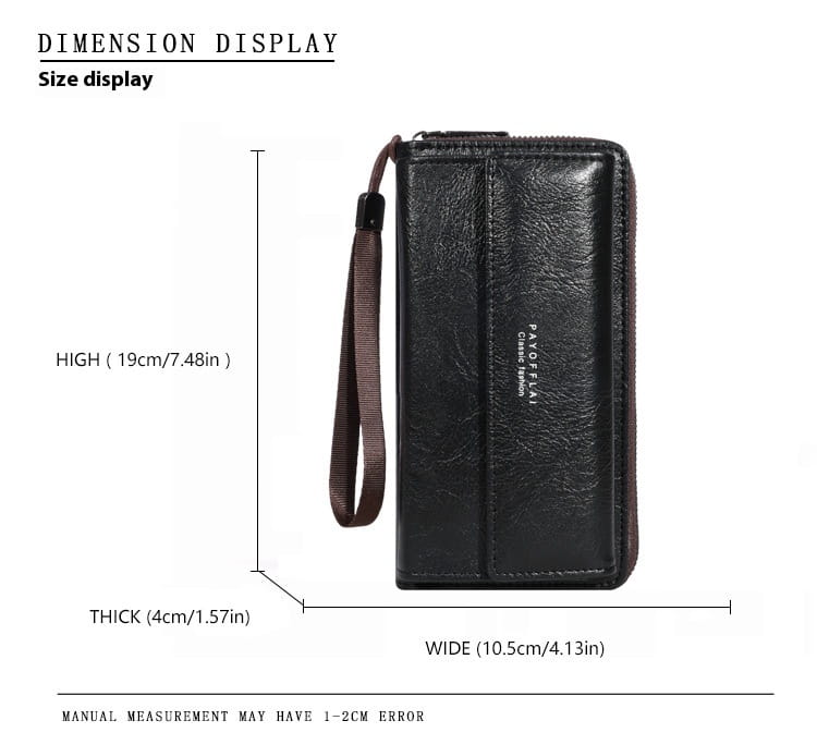 Black leather men’s pu long wallet with brown wrist strap and embossed branding on the front.