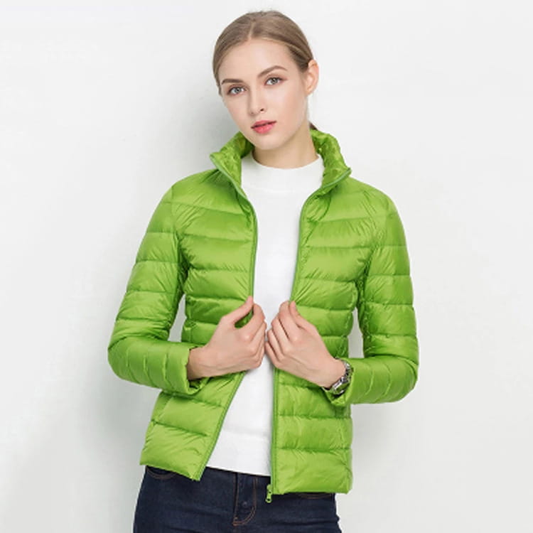 Neongrüne Slim-Down-Gesteppte-Steppjacke mit Stehkragen und Reißverschluss-Verschluss.
