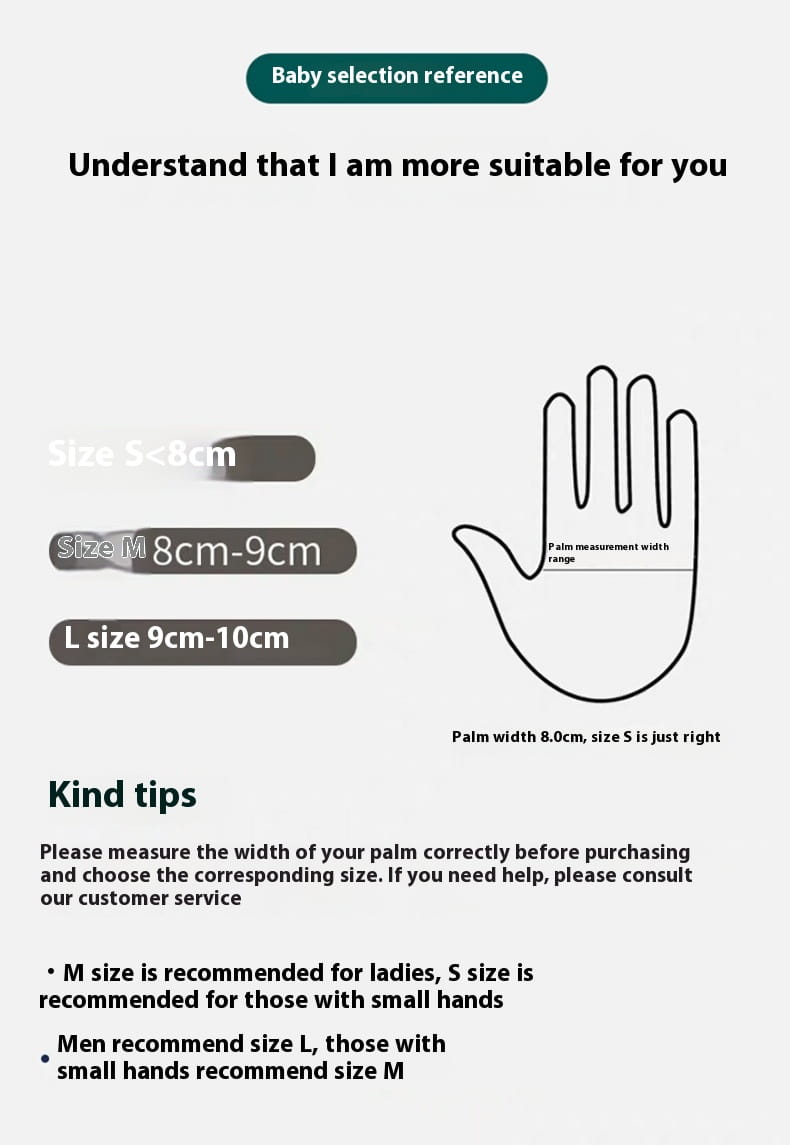 This image displays a baby selection reference chart with size guidelines for disposable PVC and nitrile kitchen gloves 100pcs recommending sizes s for palms under 8cm m for 8 to 9cm and l for 9 to 10cm.