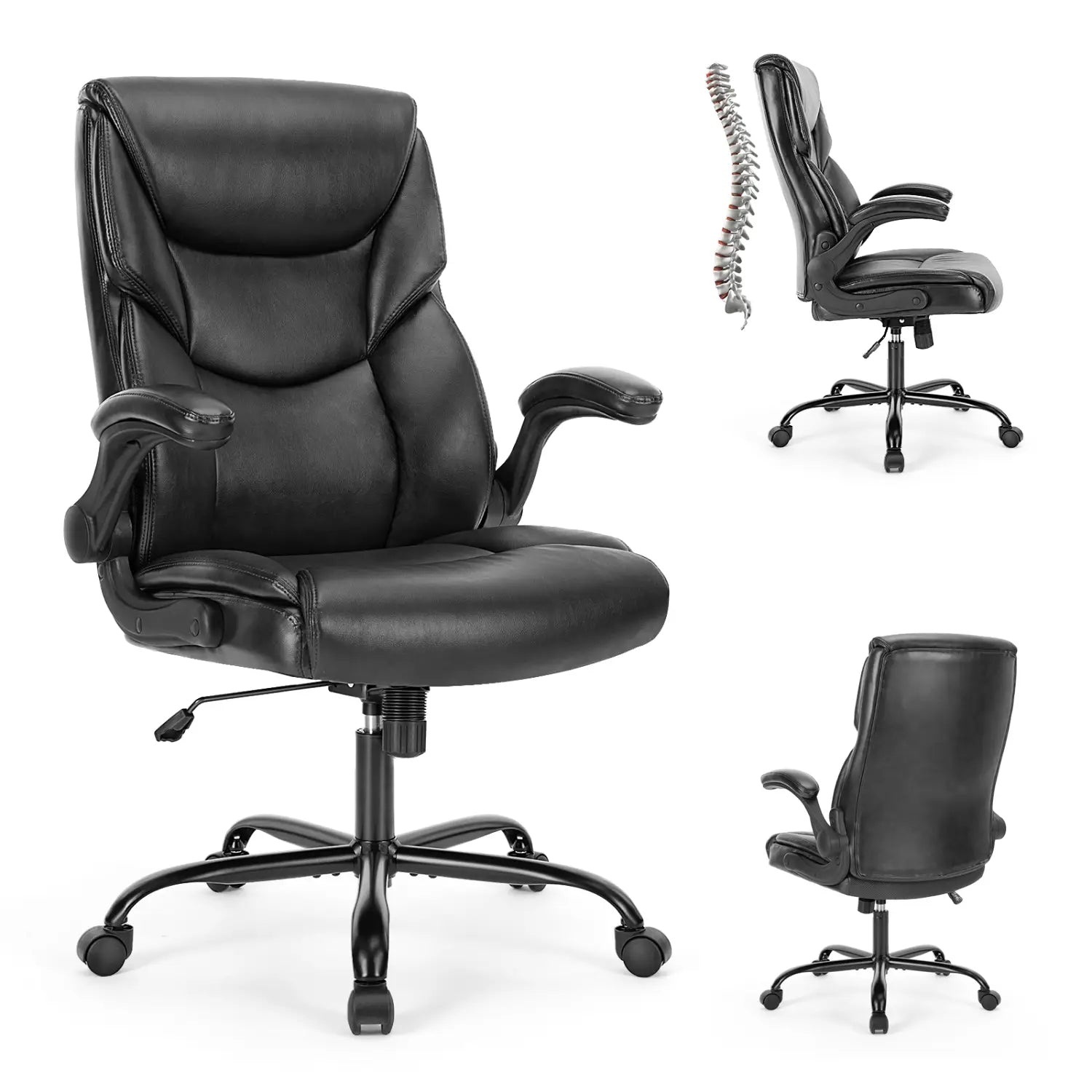 Silla de oficina ergonómica de cuero negro con apoyabrazos ajustables abatibles y base de cinco estrellas, diseñada para uso en oficina.