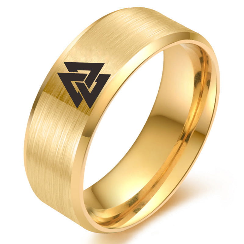 Gold-colored stainless steel band ring with a brushed finish and an engraved black valknut viking symbol on the outer surface.