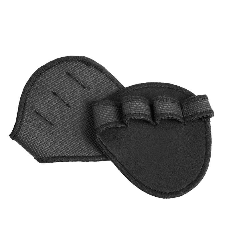 black fingerless grip pads with textured fabric and elastic straps for camouflage weightlifting gloves training half finger shown from the back side