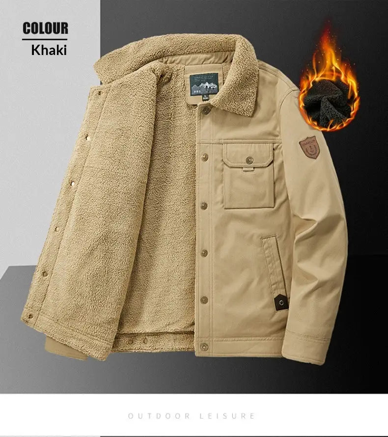 Veste boutonnée en matelassé à empiècements en velours côtelé kaki pour homme, doublée en polaire de laine d’agneau, avec doublure en peau de mouton (shearling) et poches avant