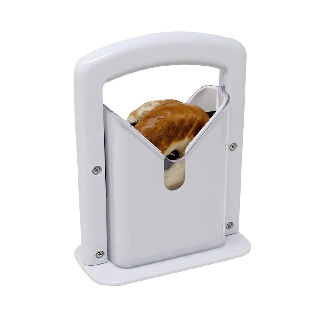 White plastic bagel slicer guillotine with a clear acrylic safety guard insert holding a toasted bagel.