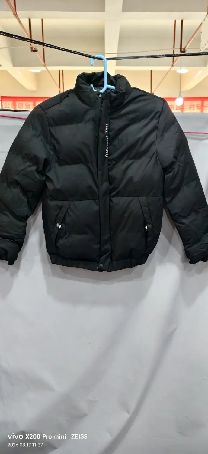 Black men’s warm padded down jacket with high collar, front zipper closure, and two side pockets.