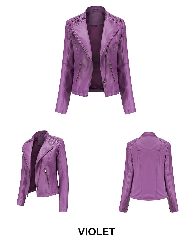 Damen-Slim-Fit-Violette Faux-Leder-Motorradjacke mit Reißverschluss vorne und Schnür-Schulterdetails