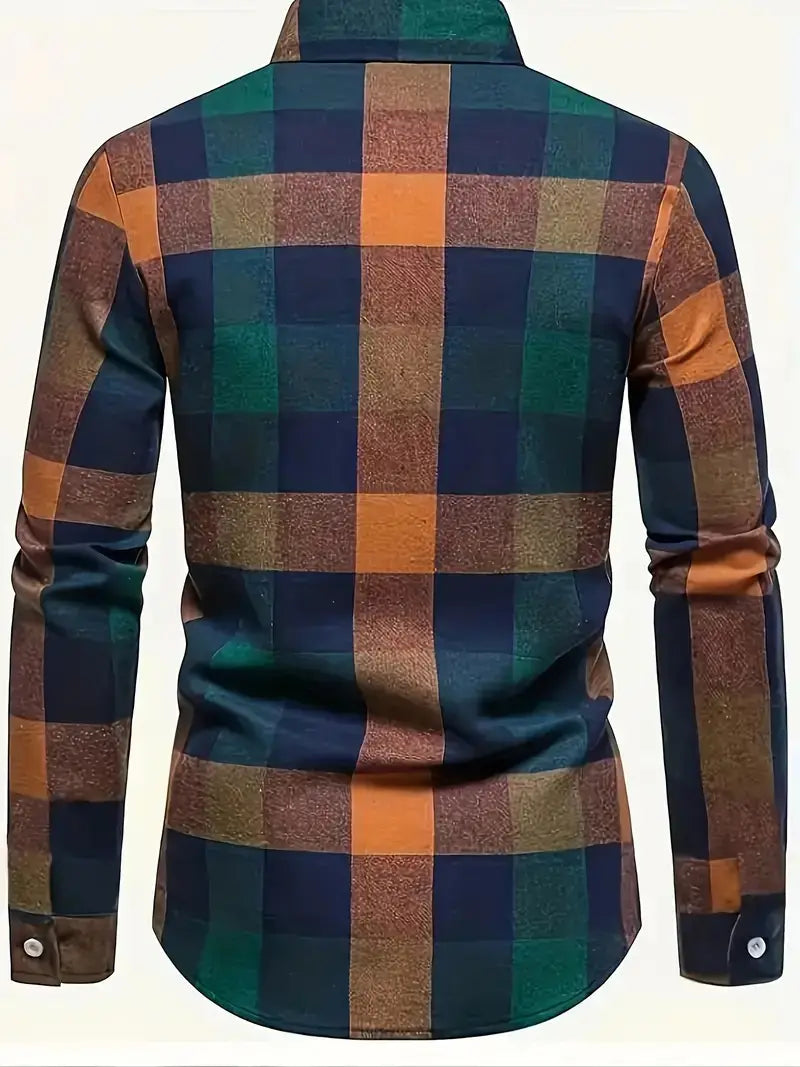Men’s slim fit plaid flannel button up shirt with long sleeves featuring a bold pattern of navy blue teal green and burnt orange squares with subtle texture.